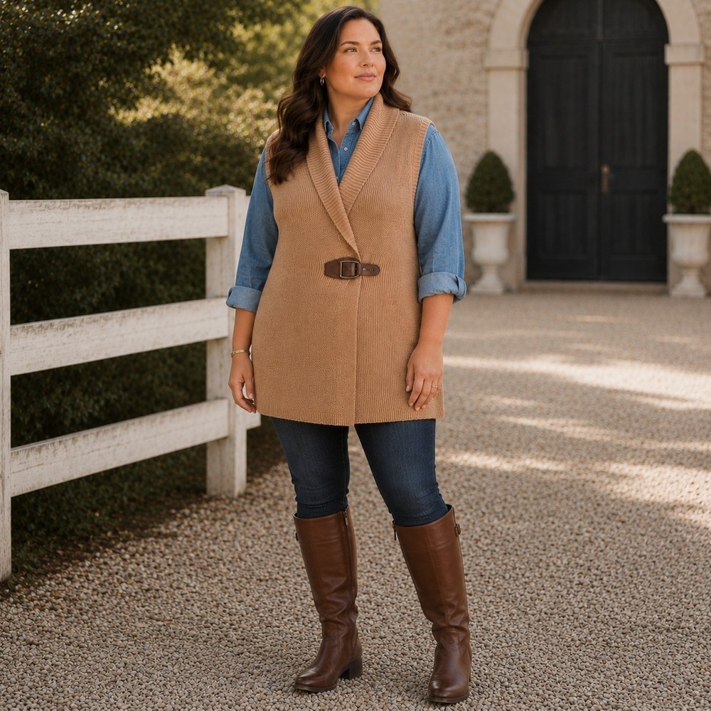 Ralph Lauren 3X Camel Cotton Knit Buckle Sweater Vest Quiet Luxury Equestrian
